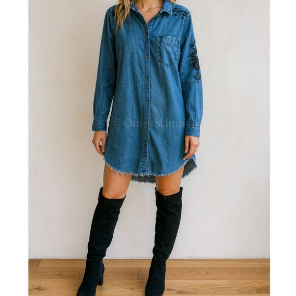 Rails Embroidered Boho long Sleeve Chambray Shirt Dress Womens Size Medium - Picture 1 of 8
